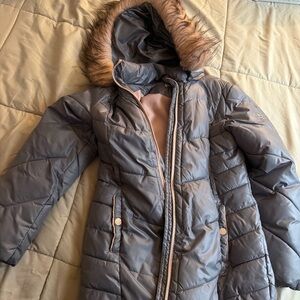 Michael Kors Gray Puffer Coat with Faux Fur Trim